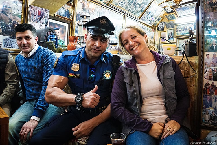 Drinking chai with the locals and celebrity policeman in Erbil.