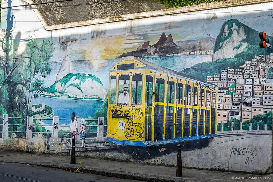 Mural by Jambeiro depicting an empty tram in Santa Teresa in Rio de Janeiro