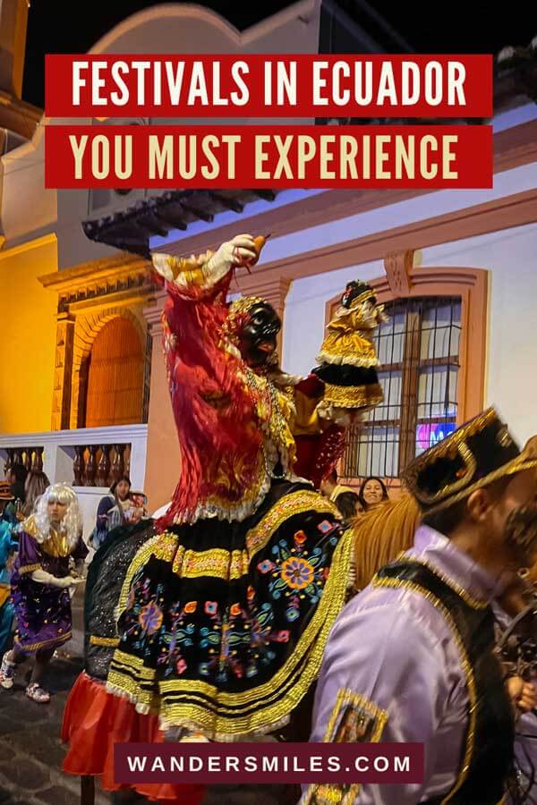 Image of a man dressed as a black woman with a black mask on a horse with text overlaid text &ldquo;Festivals in Ecuador you must experience&rdquo; for an in-depth travel guide