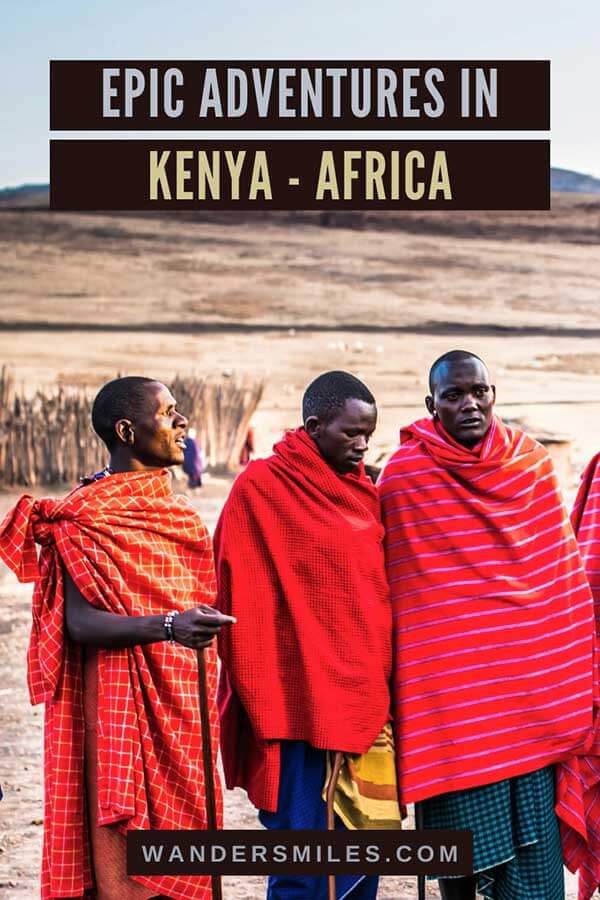 Photo of 3 Masai Mara men in red capes. Text overlaid "EPIC ADVENTURES IN KENYA AFRICA"
