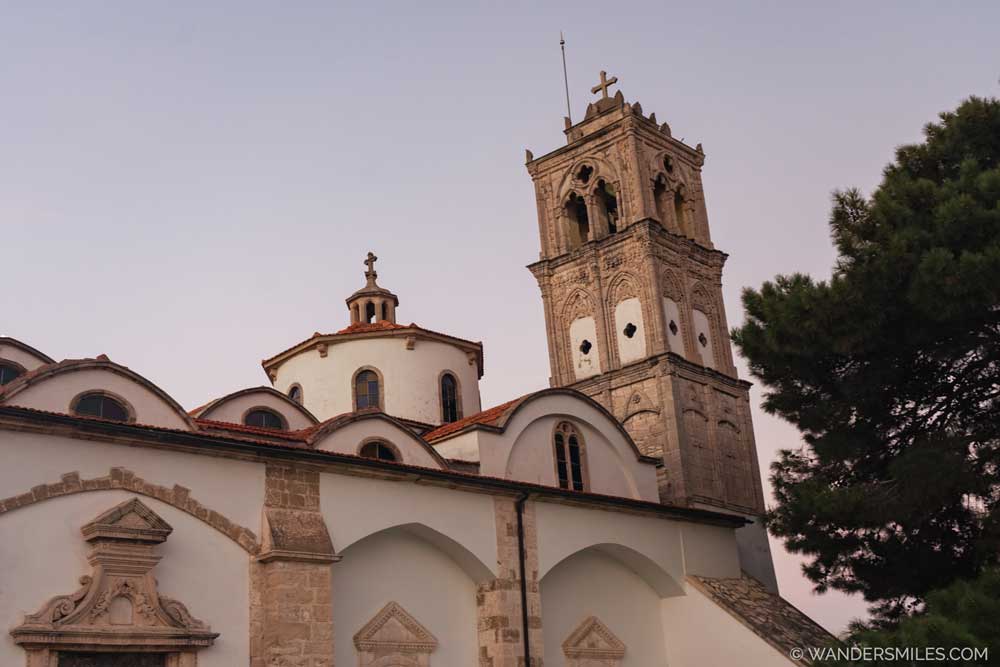 Stone bell tower on the white-painted Church of the Holy Cross in Lefkara, one of the most beautiful villages in Cyprus