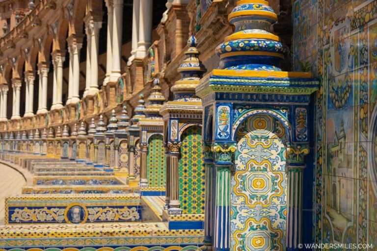 Plaza de España in Seville: Colourful ceramic tiles, or azulejos, particularly in 48 alcoves representing each Spanish province with maps, coats of arms, and historical scenes,