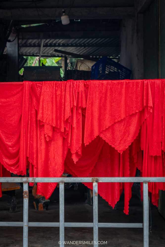 Many red scarves drying on a line in a Red Dao village in Sapa, Vietnam