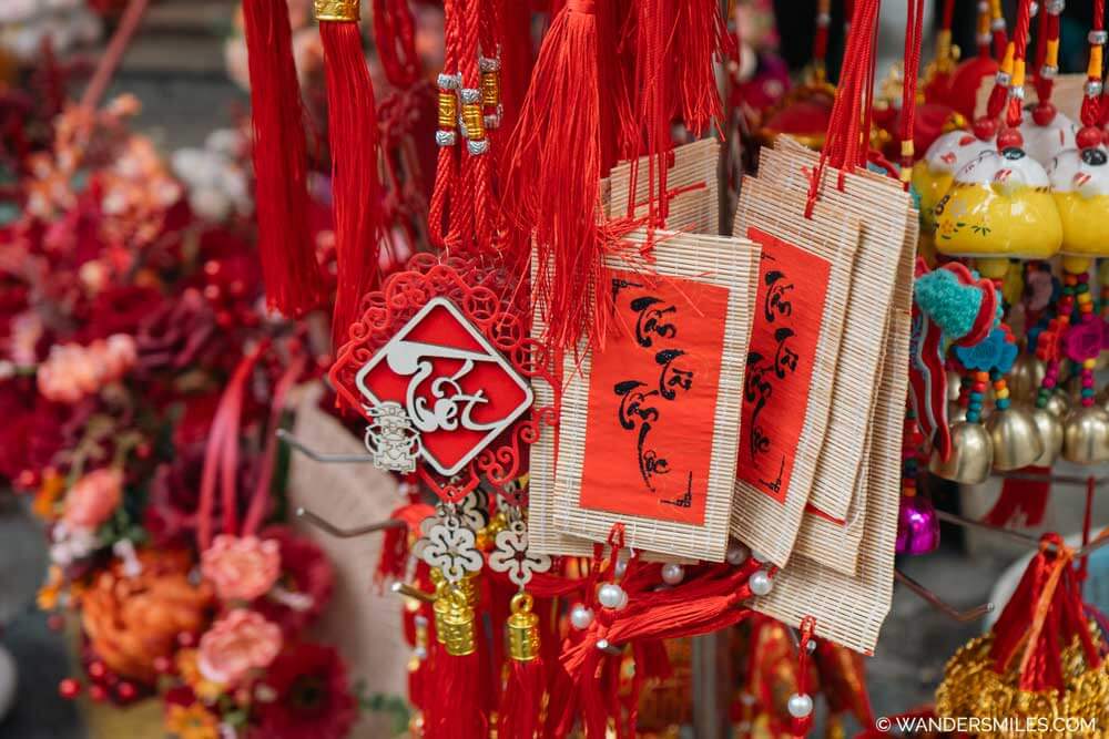 Close-up of red decorations with "Tet" in a shop in Hanoi
