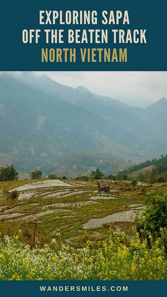 Photo of rice terraces in Sapa, Vietnam, with backdrop of layers of mountains. Text overlaid "EXPLORING SAPA OFF THE BEATEN TRACK NORTH VIETNAM"