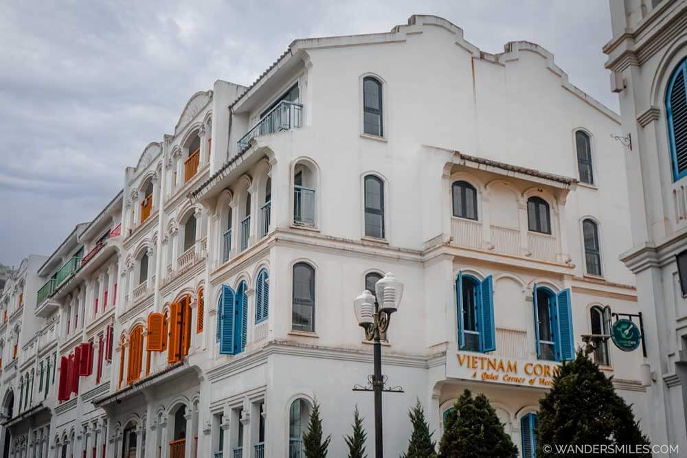 White French colonial buildings in Sapa with colourful shutters