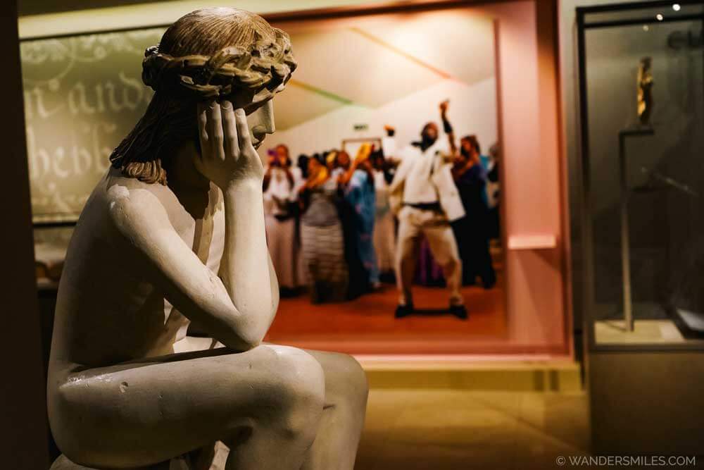A sculpture of Jesus with his head resting on his hands, in the Museum Catharijneconvent, Utrecht