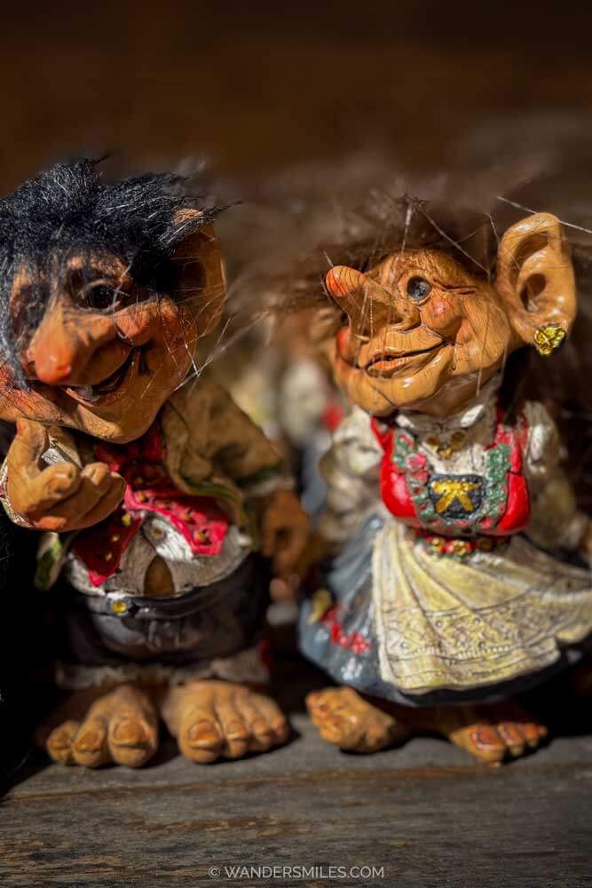 Wooden trolls in Bryggen shops in Bergen