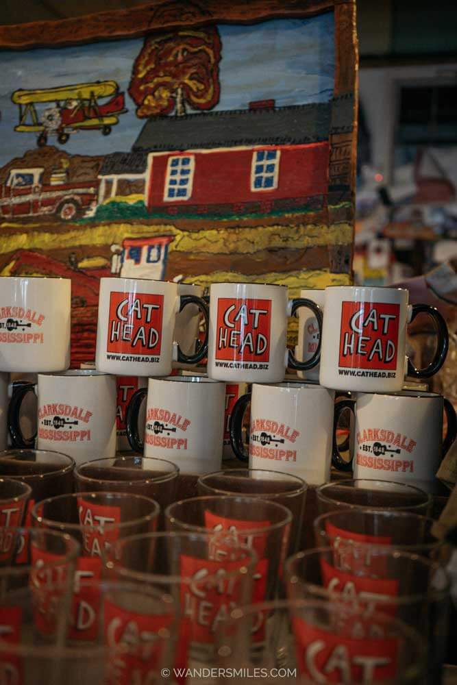 Cat Head merchandise (mugs, cups and paintings) in Cat Head Delta Blues & Folk Art, Clarksdale, MS