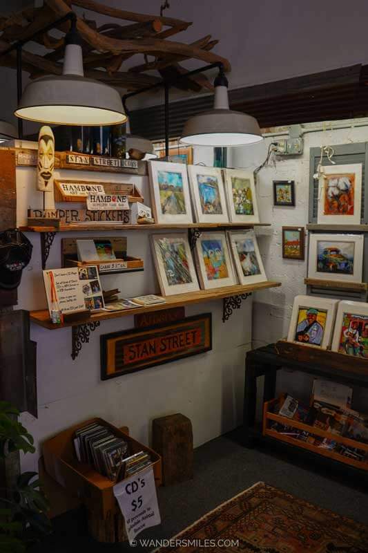 Hambone Gallery, Clarksdale, with small paintings for sale on shelves