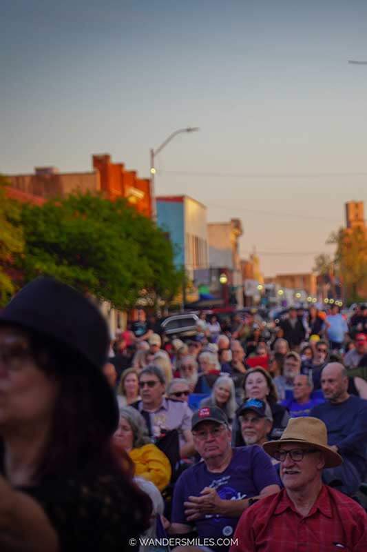 Crowd at sunset in Clarksdale for the Juke Joint Festival, blues music gathering