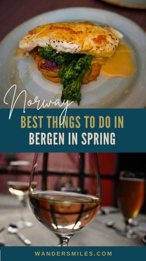 Photos of seafood dishes and wine in Bergen's restaurants. Text overlaid "Best Things To Do In Bergen In Spring, Norway"