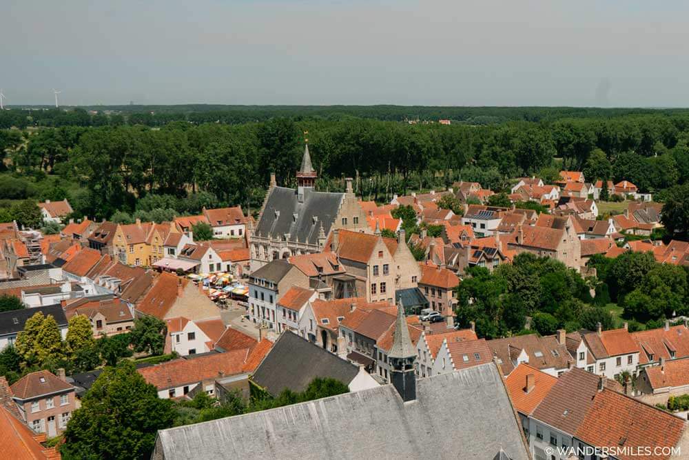 View of Damme Markt (Market Square) from the church tower, located in Flanders. 