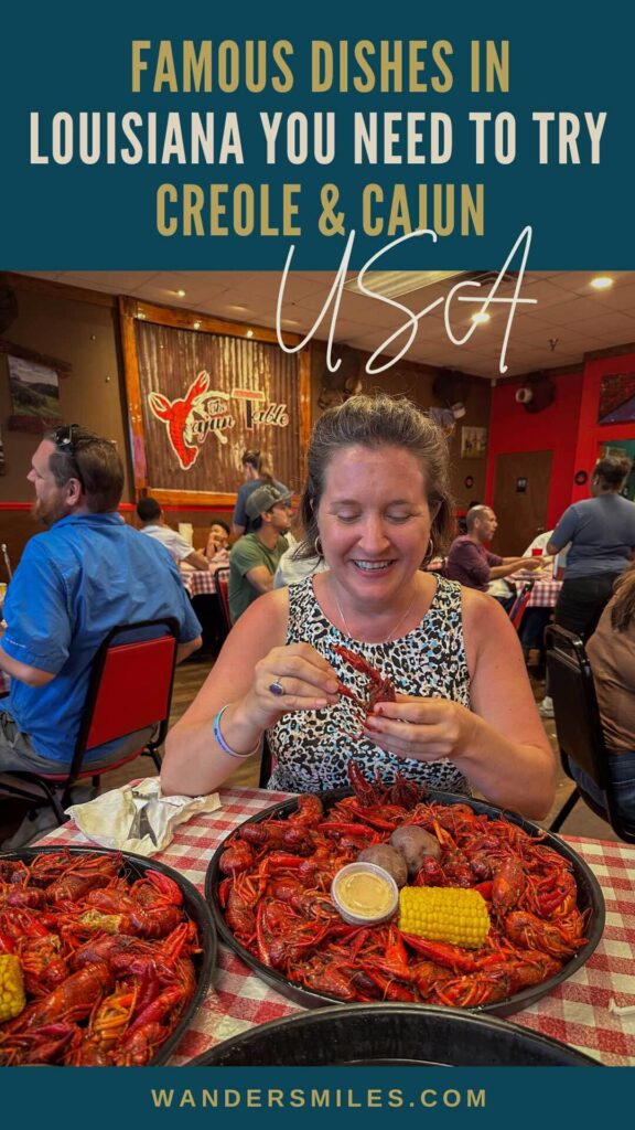Photo of a woman eating crawfish in a restaurant in Lafayette. The text reads: "Famous dishes in Louisiana USA You Need To Try: Creole & Cajun"