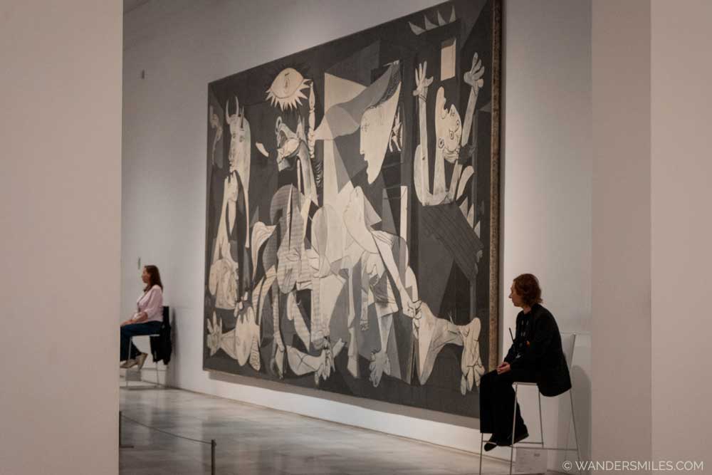 Pablo Picasso's monumental 1937 anti-war masterpiece Guernica (black & white painting) is permanently housed at the Museo Nacional Centro de Arte Reina SofÃa in Madrid, Spain