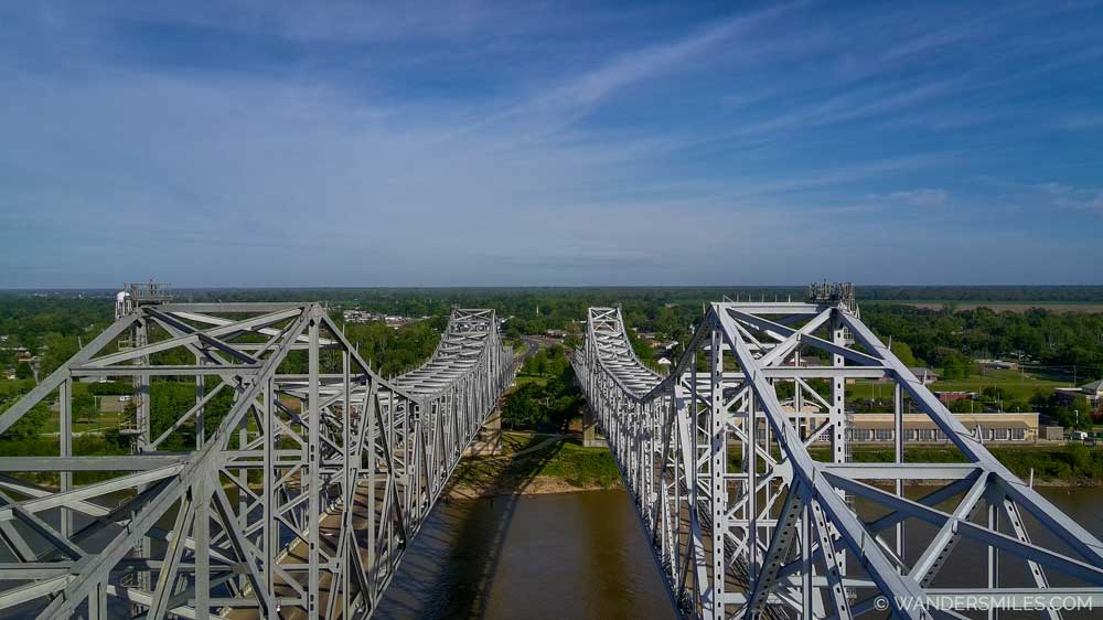 Drone shot of the Natchez–Vidalia Bridge – twin cantilever bridges over the Mississippi River