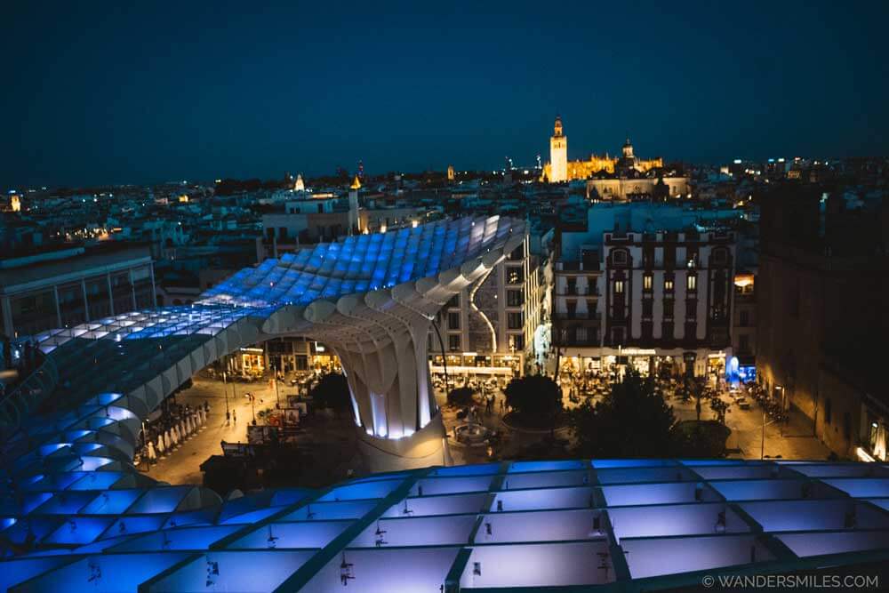 Las Setas lightshow in Seville, on the world's largest wooden structure featuring six large parasols shaped like giant mushrooms