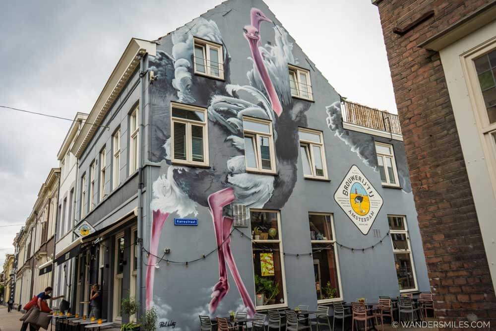 Huge ostrich mural by Paul Watty, in front of Brouwerij 't IJ on Karrestraat in Tilburg, Netherlands