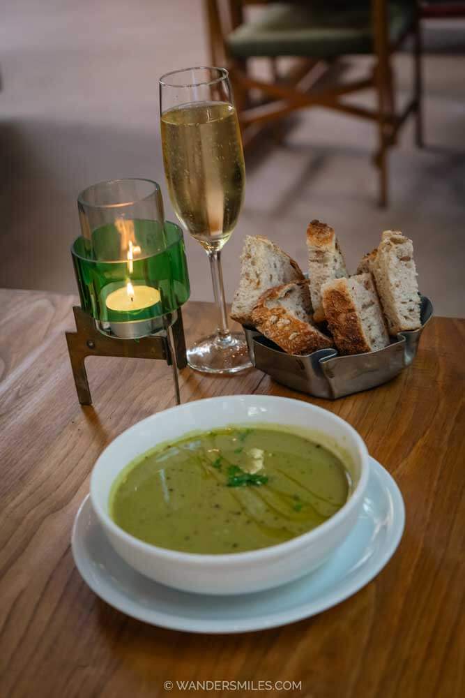 Pea soup and sparkling wine at Piet Hein Eek Grand Cafe Eindhoven