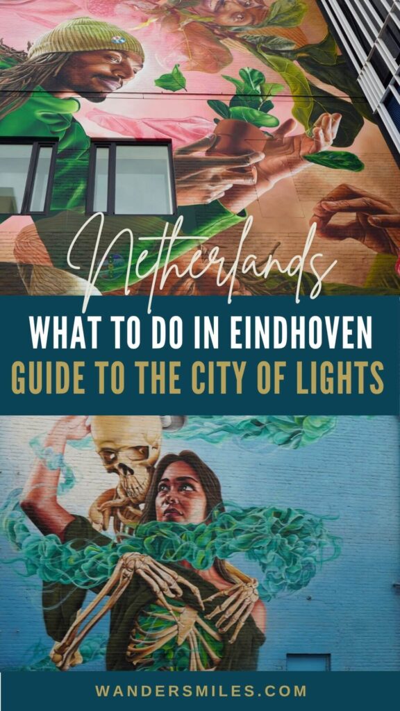 Photo-realistic murals. Text across centre: "WHAT TO DO IN EINDHOVEN. GUIDE TO THE CITY OF LIGHTS. NETHERLANDS"